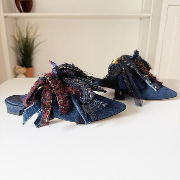 Sanayi 313 Denim Wool Tweed Fringe Gold Metallic Embroidered Slipper Mules 36/6 - Picture 2 of 7